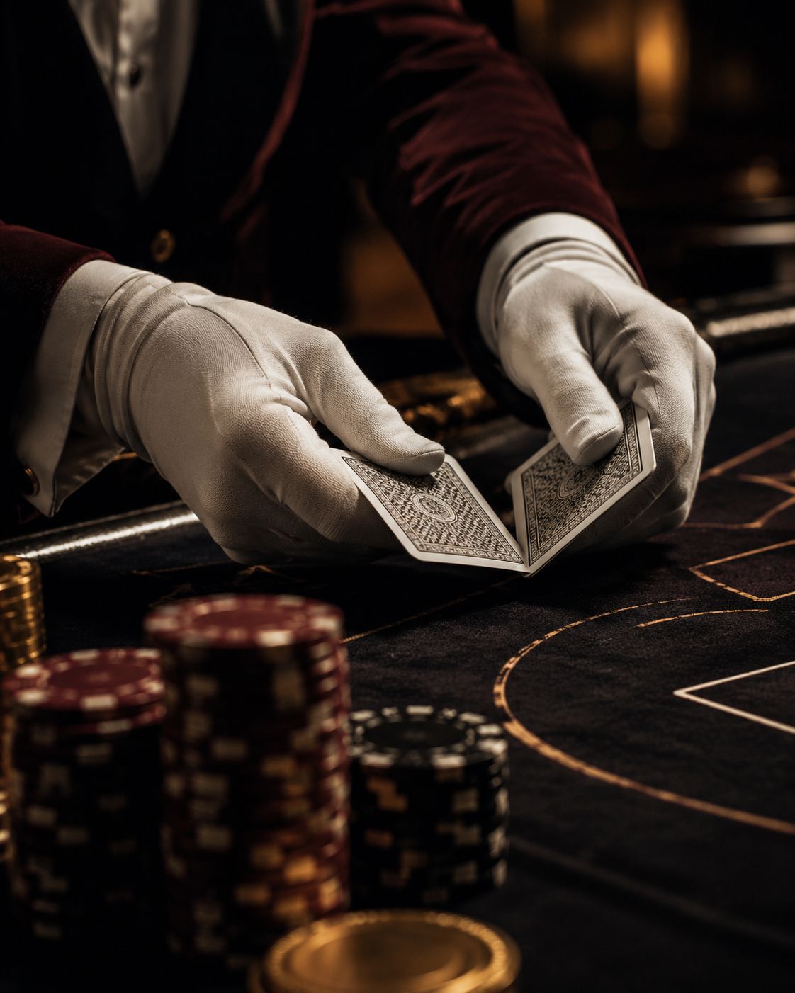 Croupier deler ut kort ved et opplyst blackjack-bord