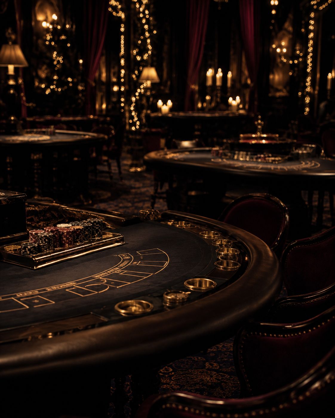Festlokale med casinobord, gjester og varm belysning